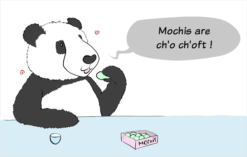 HotPanda comic : Moustache the panda replies, with his mouth full of food : 'Mochis are ch'o ch'oft !'